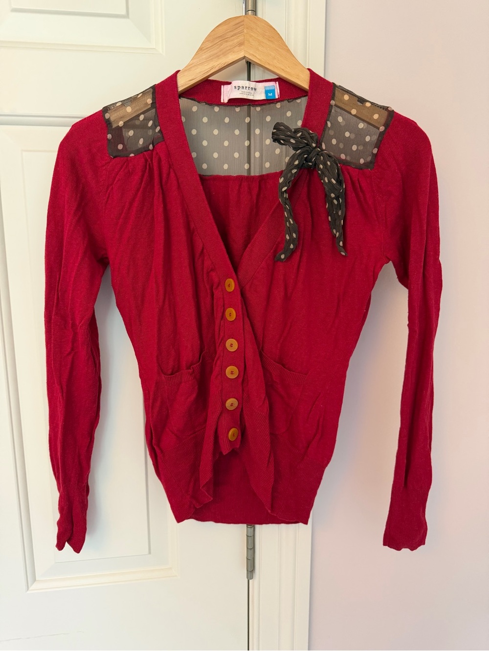 Anthropologie Sparrow Red Cardigan with Brown Polka Dot Silk Details